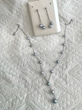 Genuine Baroque Freshwater Pearl Y-Necklace & Drop Earring Set Steel Blue